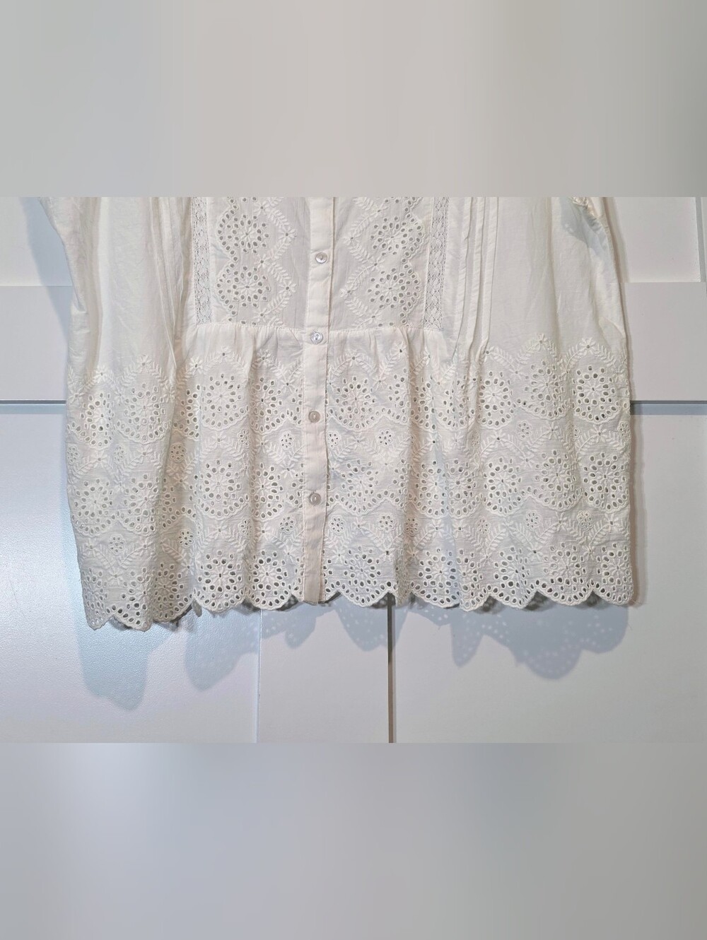 Sundance Art Of Eyelet Lace Cotton Button Down Blouse Scalloped Hem White Large - Picture 4 of 13